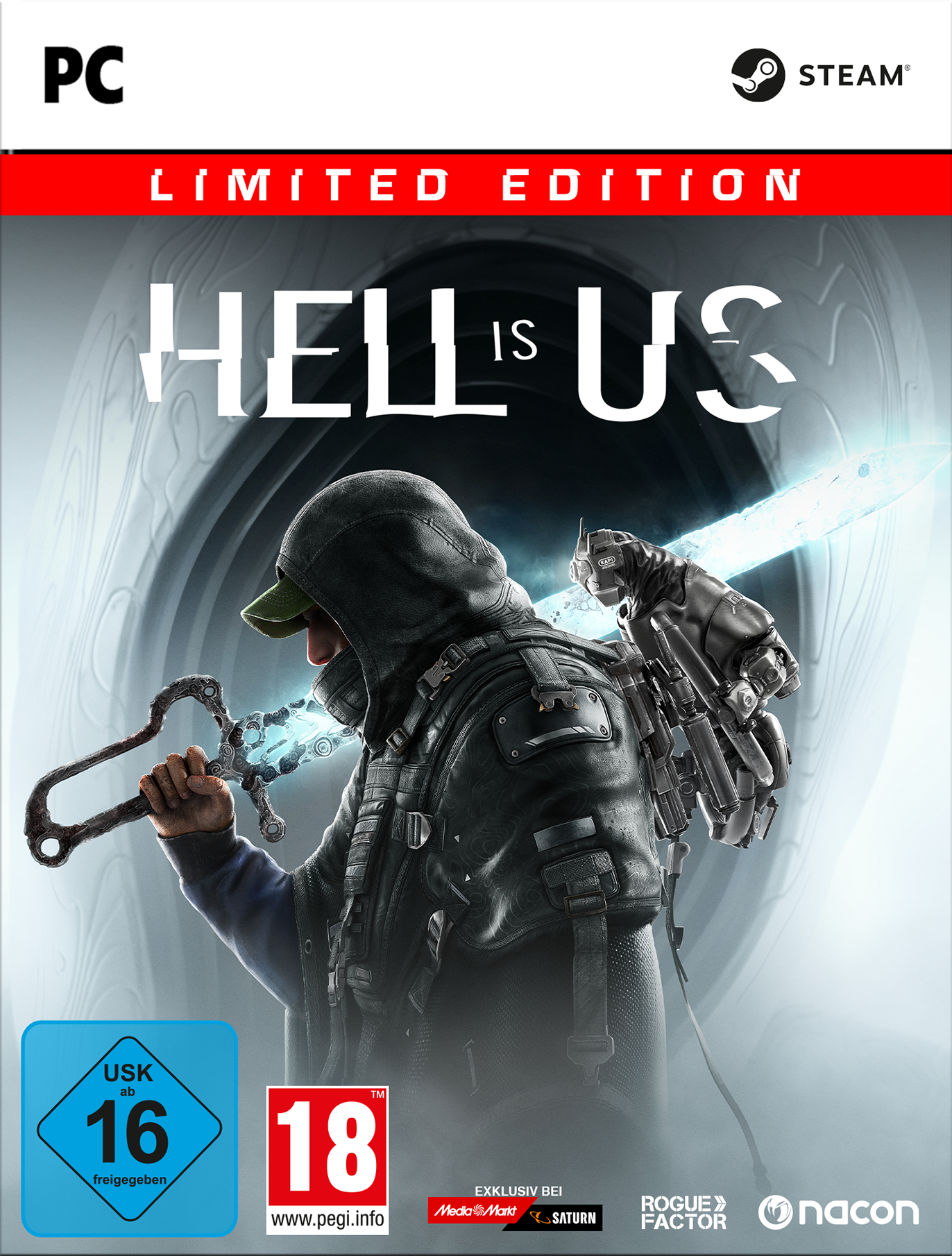 PC-Spielcover mit Mann mit Schwert. Titel: Hell is Us. Limited Edition. USK 16.