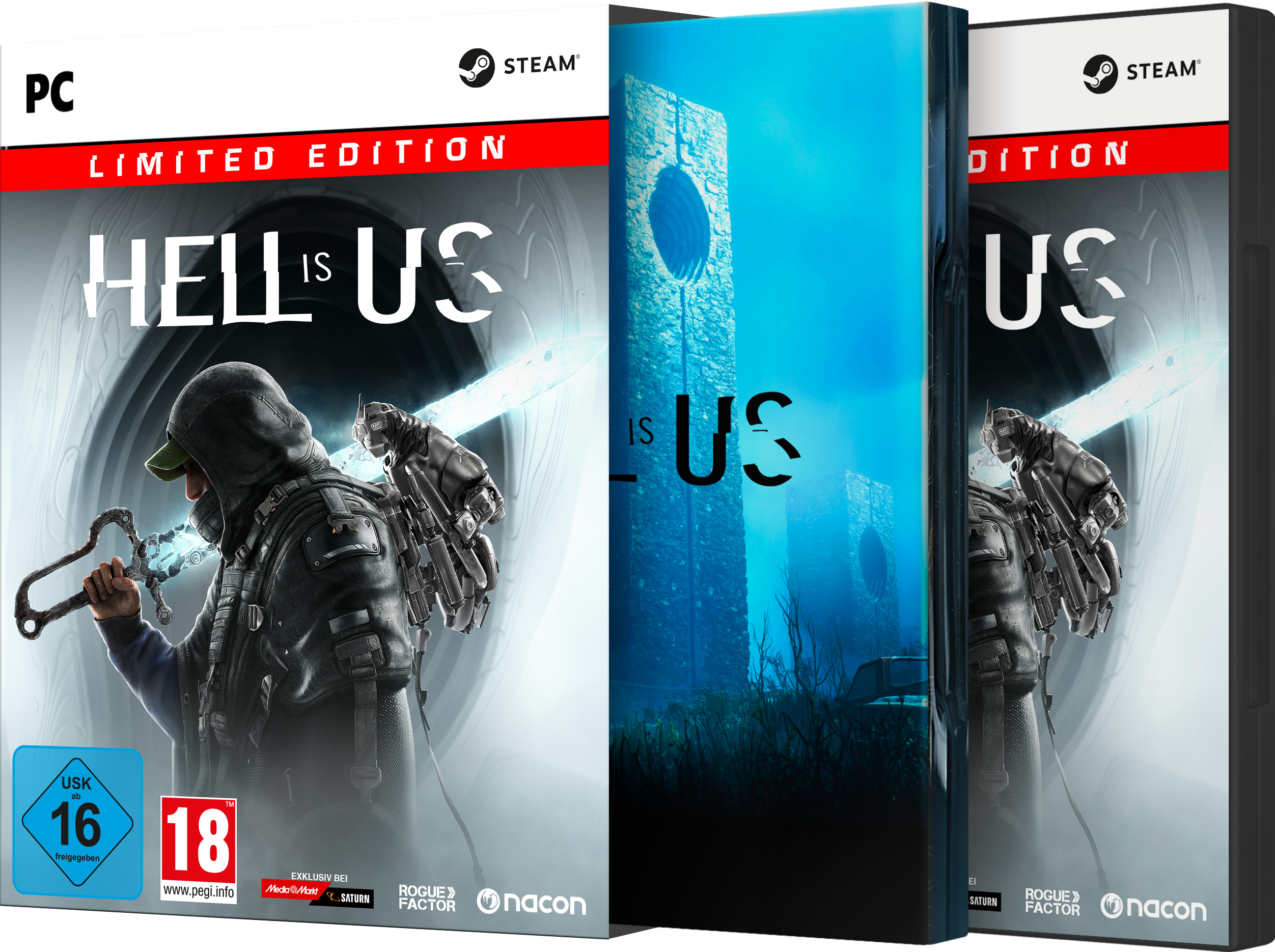 PC-Spielcover mit Mann mit Schwert. Titel: Hell is Us. Limited Edition. USK 16.