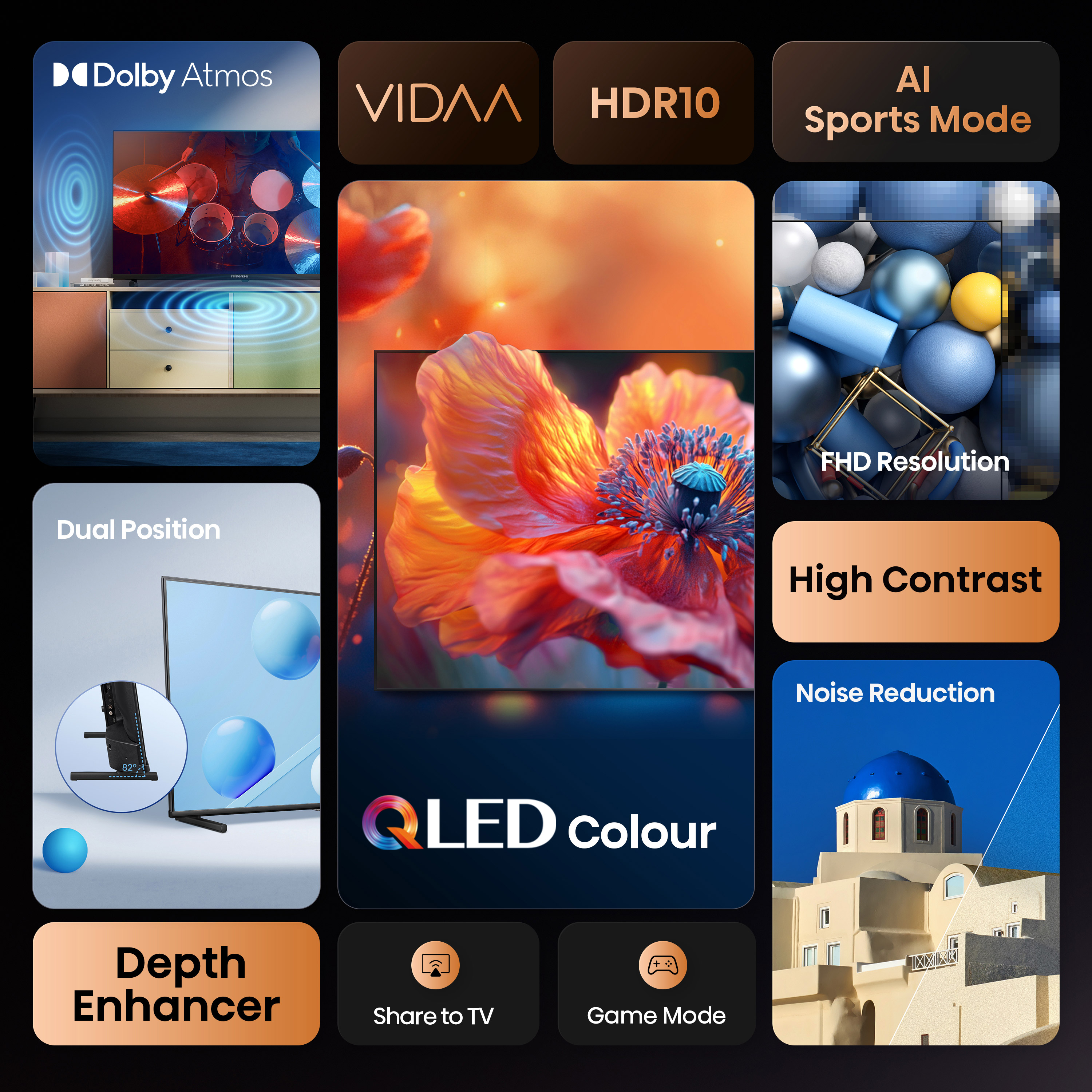 Egy kép a TV különböző funkcióival, beleértve a Dolby Atmos, HDR10 és QLED Colour-t.