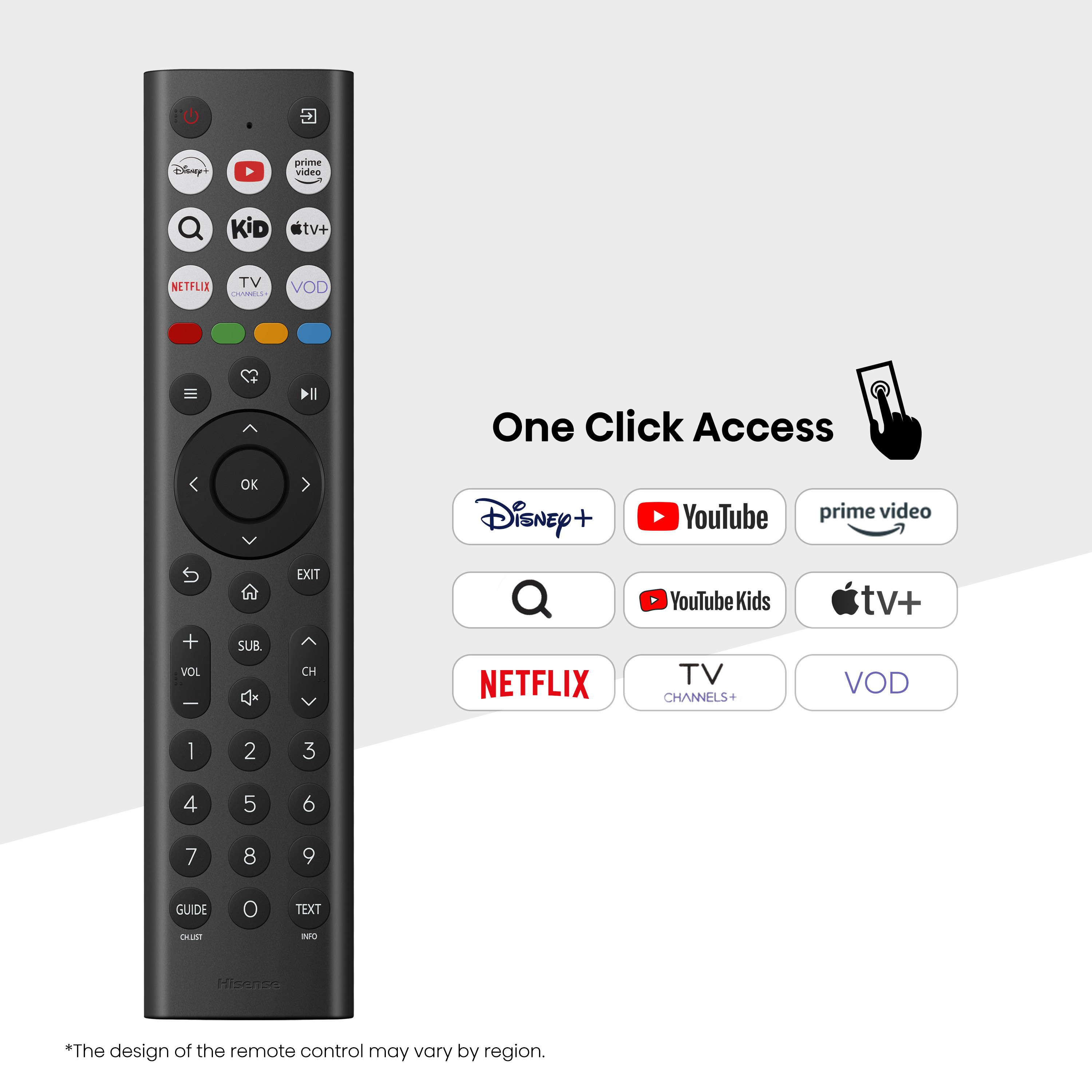 Egy távirányító különböző alkalmazás gombokkal a gyors hozzáféréshez, mint például a Netflix és a YouTube.