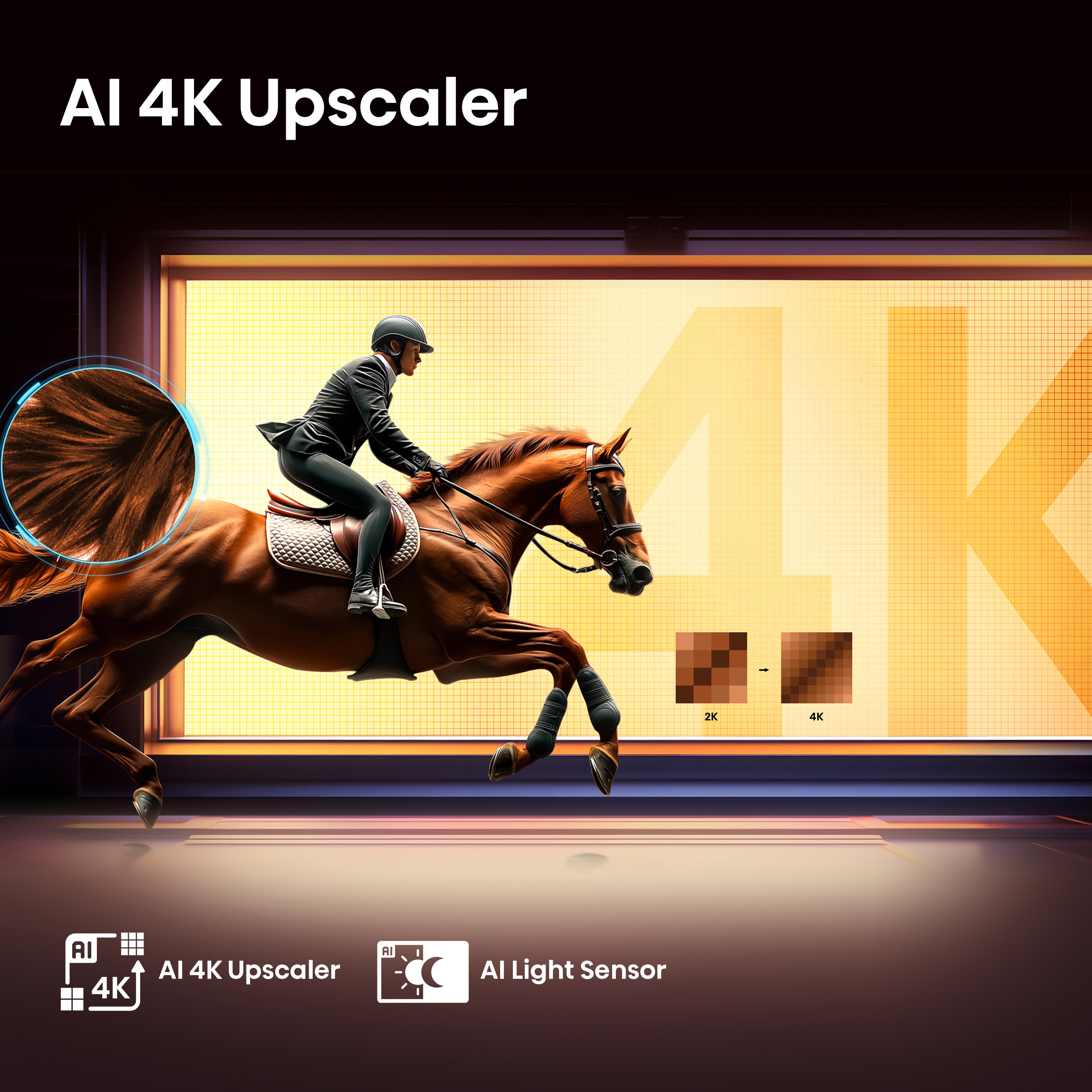 Egy lovas a lovon, kiemelve egy AI 4K Upscalerrel, a haj részleteivel.