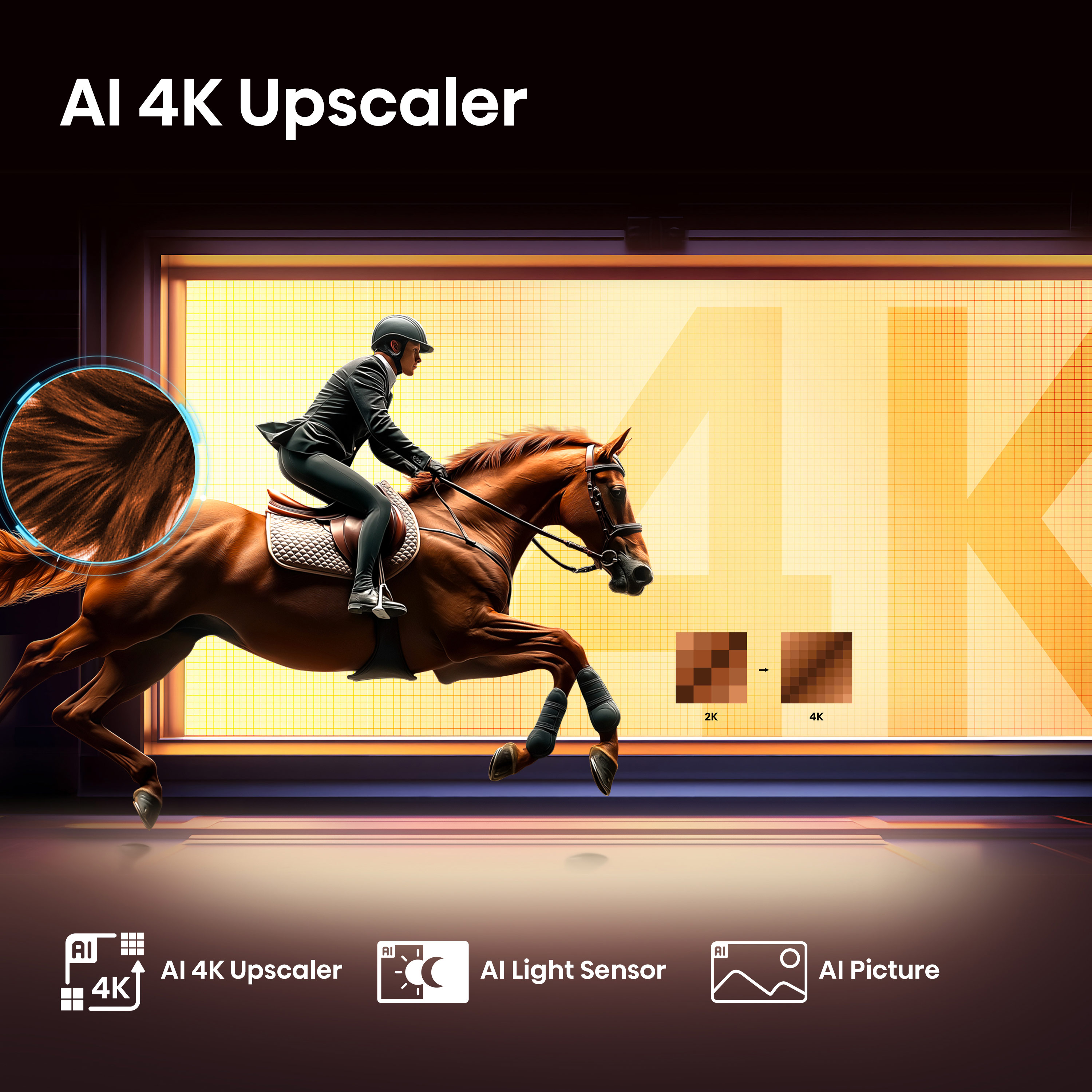 Egy lovas lóval átugrik egy képernyőn, AI 4K Upscaler-rel.