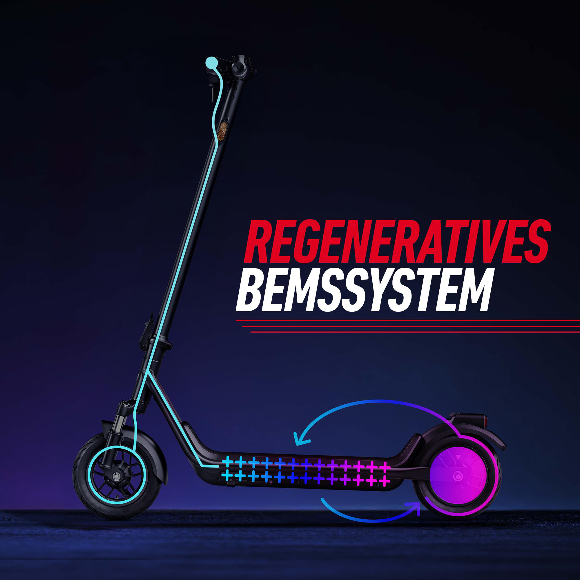 Ein Roller, der mit blauen und rosa Linien hervorgehoben wurde, mit Text.