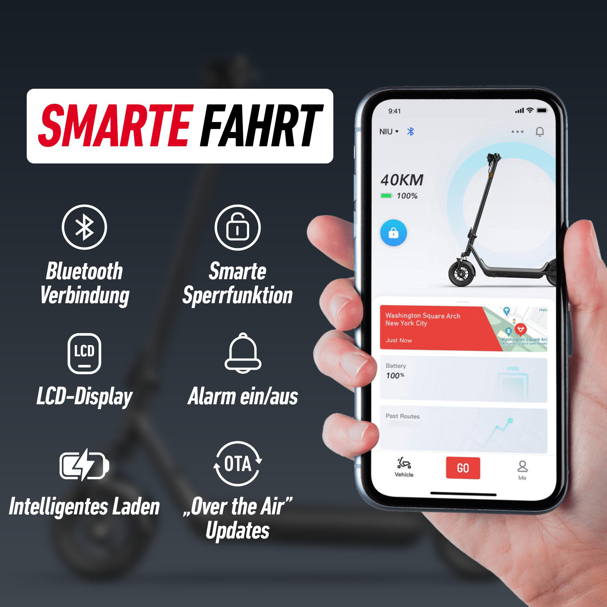 Ein Smartphone zeigt ein E-Scooter-Modell mit einer Karte und verschiedenen Funktionen an, die auf dem Bildschirm angezeigt werden.