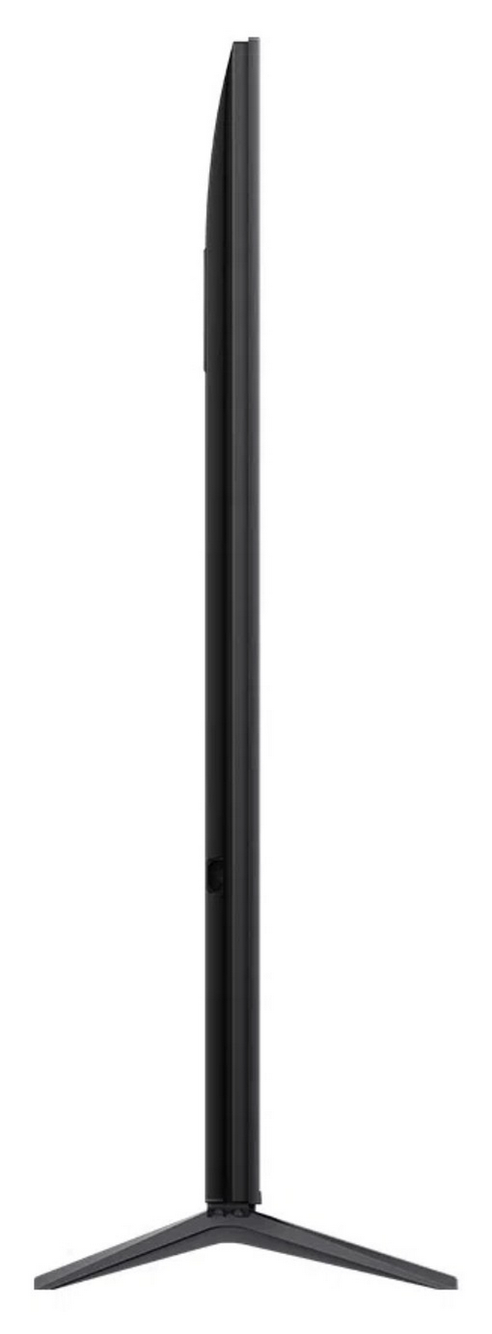 Una vista lateral de un televisor negro y delgado con un soporte, sobre un fondo blanco.