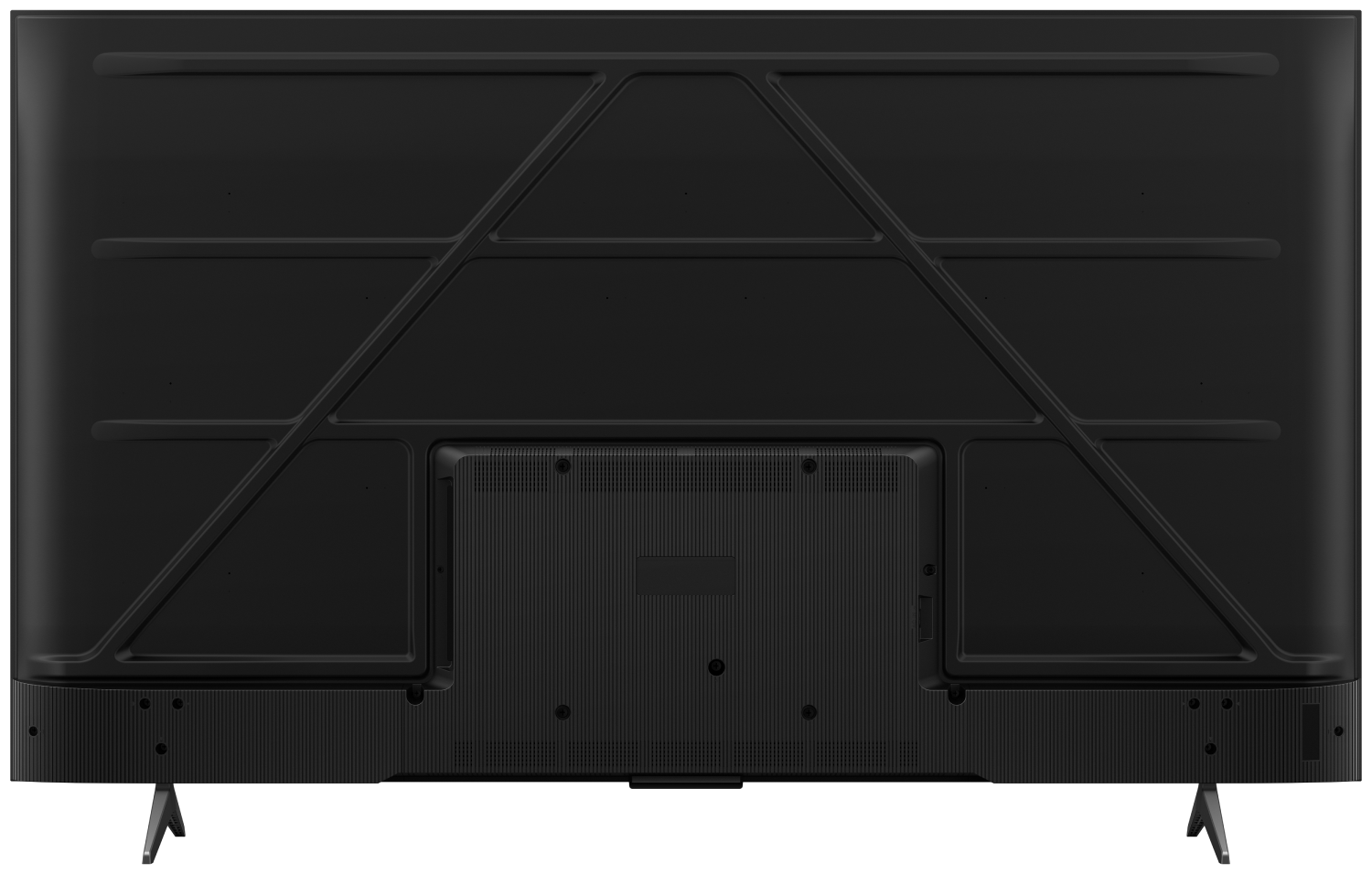 Parte trasera de un televisor negro. Hay un patrón, una sección con puertos y pies.