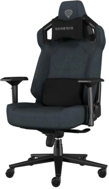 Ciemnoniebieskie krzesło gamingowe, czarna rama, widok z boku, logo Genesis, podparcie lędźwi.