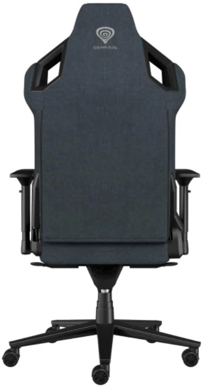 Tył ciemnoniebieskiego krzesła gamingowego, logo Genesis, czarna rama i oparcie.