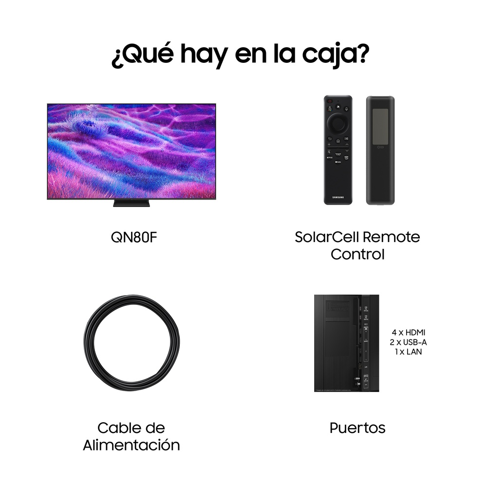 Una imagen muestra un mando a distancia, cable, puertos y un televisor incluidos en la caja.