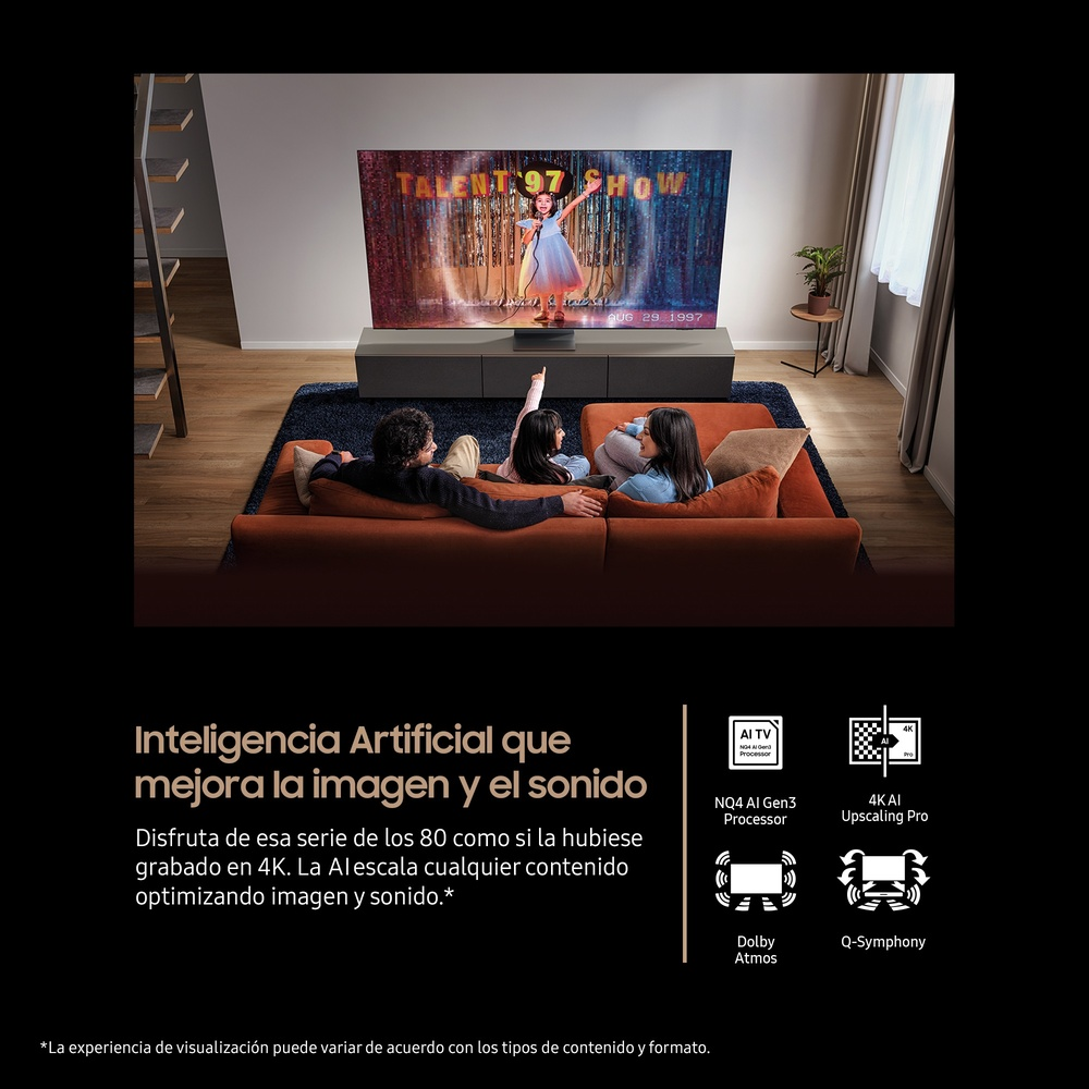 Imagen promocional con texto que destaca los beneficios de los televisores Samsung, con gente viendo la TV.