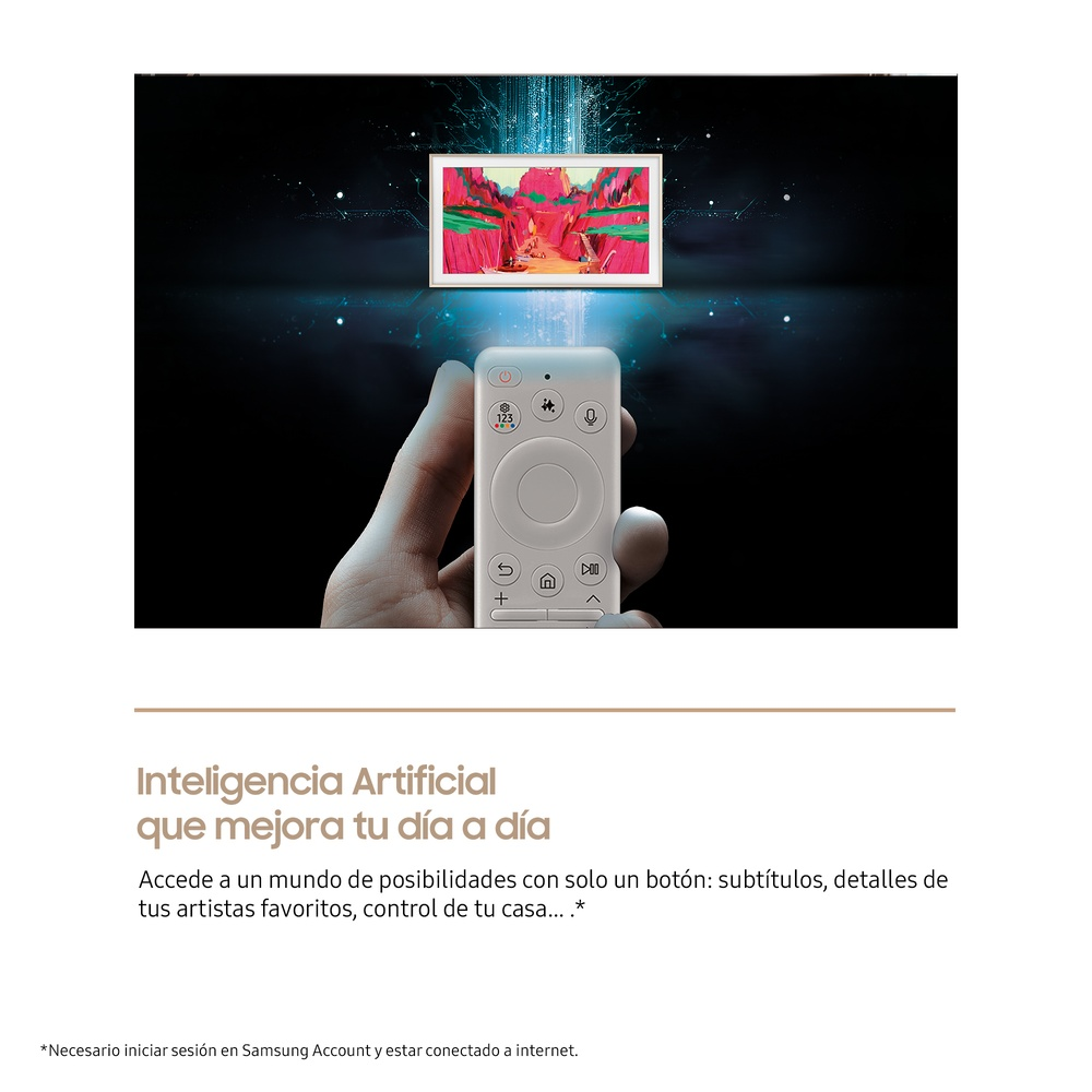 Una mano sosteniendo un control remoto con símbolos de funciones inteligentes.