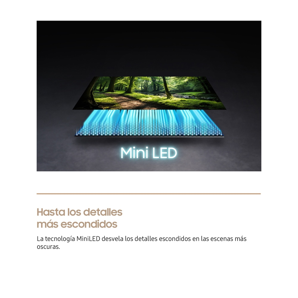 Una pantalla muestra una escena de bosque, con el texto "Mini LED" y una luz azul brillante.