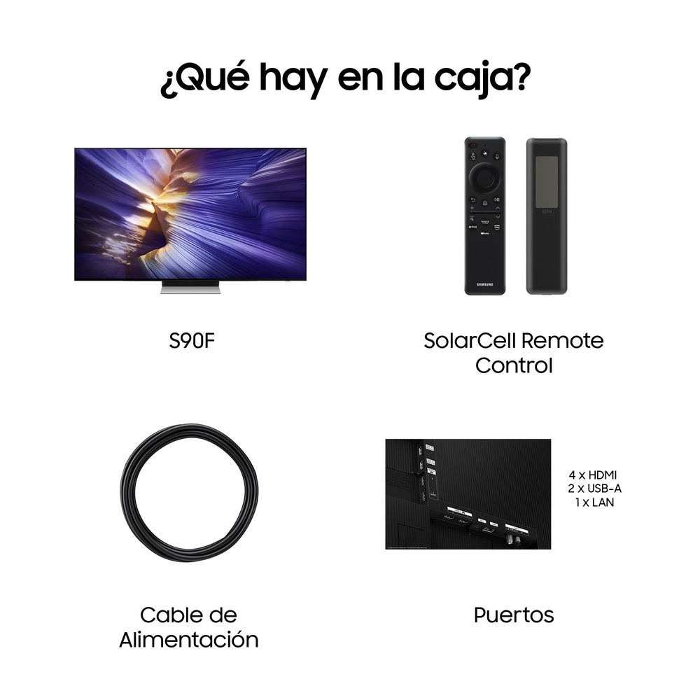 Una imagen que muestra lo que se incluye en una caja de TV, incluido el control remoto y los cables.