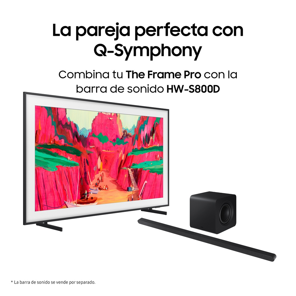 Un televisor negro con una pintura, una barra de sonido y un subwoofer sobre fondo blanco.