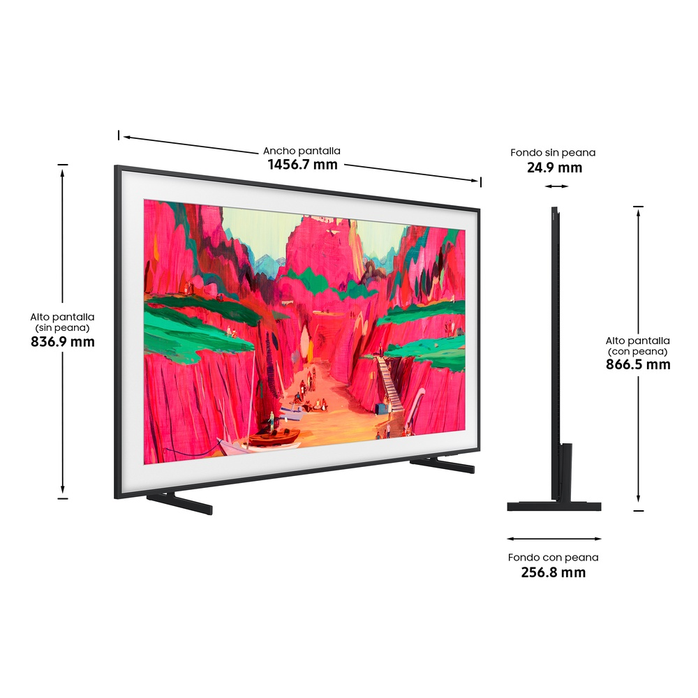 Un televisor con dimensiones de altura, anchura y profundidad, especificadas en milímetros.