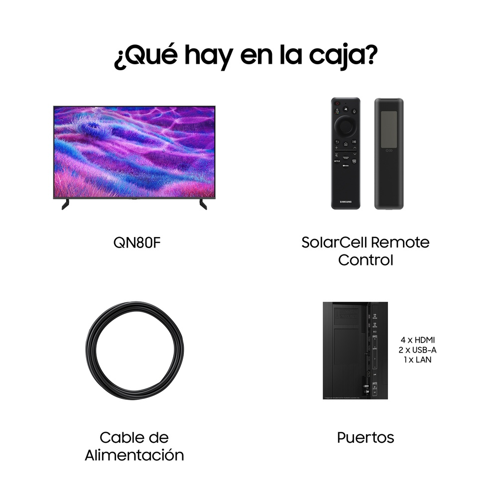 La caja contiene un televisor QN80F, un mando a distancia SolarCell, un cable de alimentación y puertos.