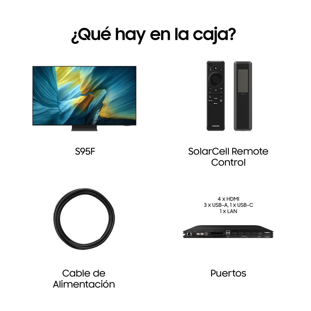 La caja contiene un televisor S95F, un mando a distancia SolarCell, un cable de alimentación y puertos.