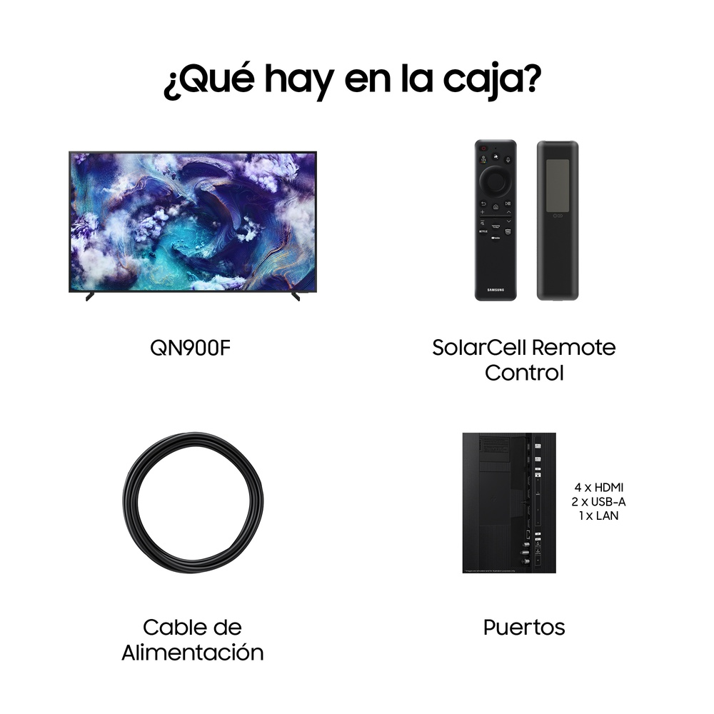 Contenido de la caja: TV QN900F, cable de alimentación, mando a distancia, puertos. También One Connect.