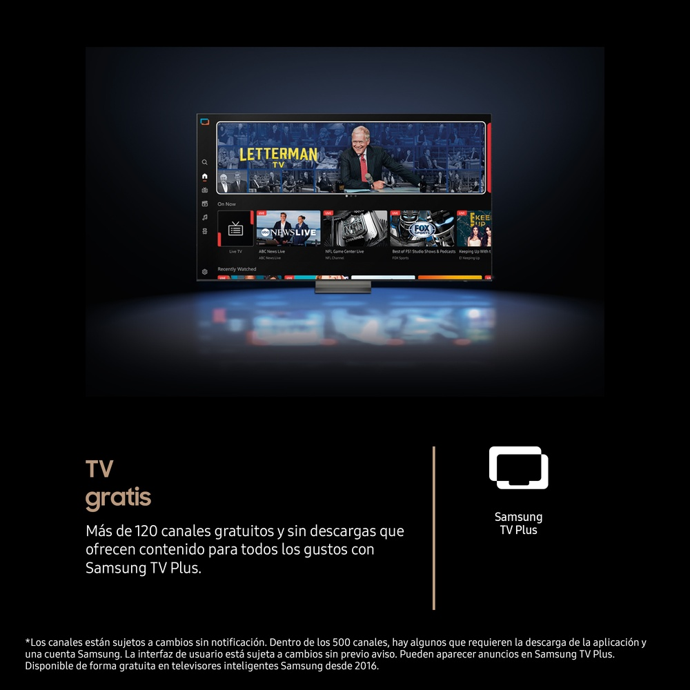 Un televisor muestra varios canales de TV. Texto: TV gratis. Más de 120 canales gratuitos.
