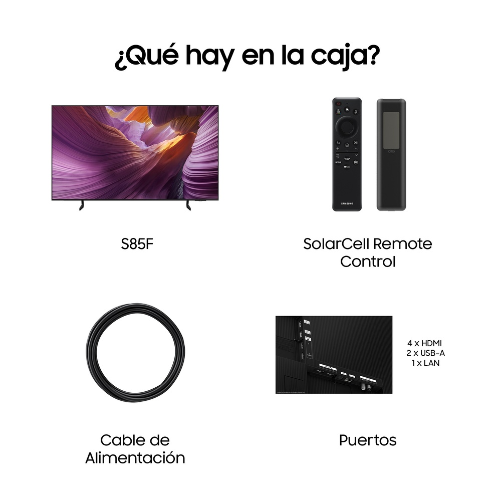 ¿Qué hay en la caja? Un televisor, mandos, cable de alimentación y puertos. Se muestran texto e iconos.