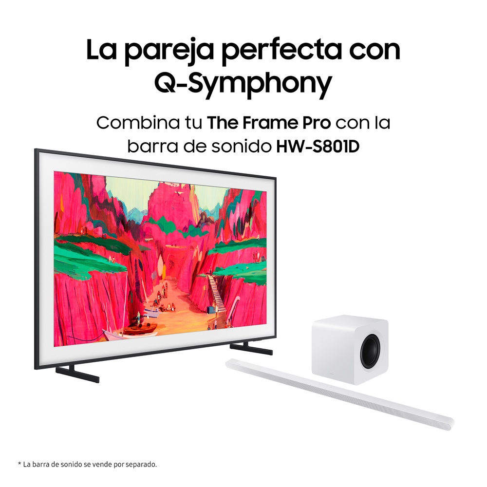 Un televisor negro, una barra de sonido blanca y un subwoofer, con el texto 'Q-Symphony' y 'The Frame Pro'.