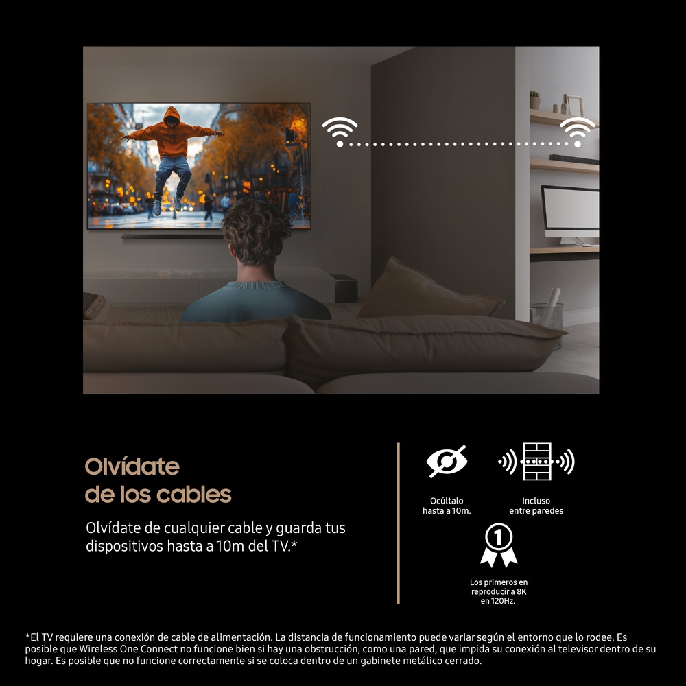 Un hombre frente a un televisor con vista de la ciudad. Símbolos Wi-Fi y texto sobre conectividad inalámbrica.