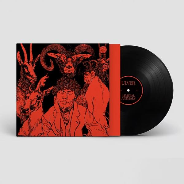 Album borító piros illusztrációval feketén, egy ember állati figurákkal körülvéve, és egy fekete bakelit lemez.