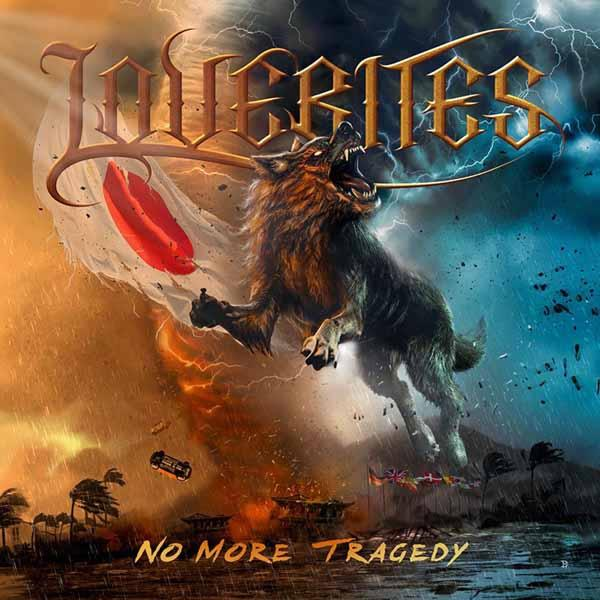 Album borító: Farkas ugrál, viharos háttér, piros zászló, 'No More Tragedy' szöveg, a zenekar neve felül.