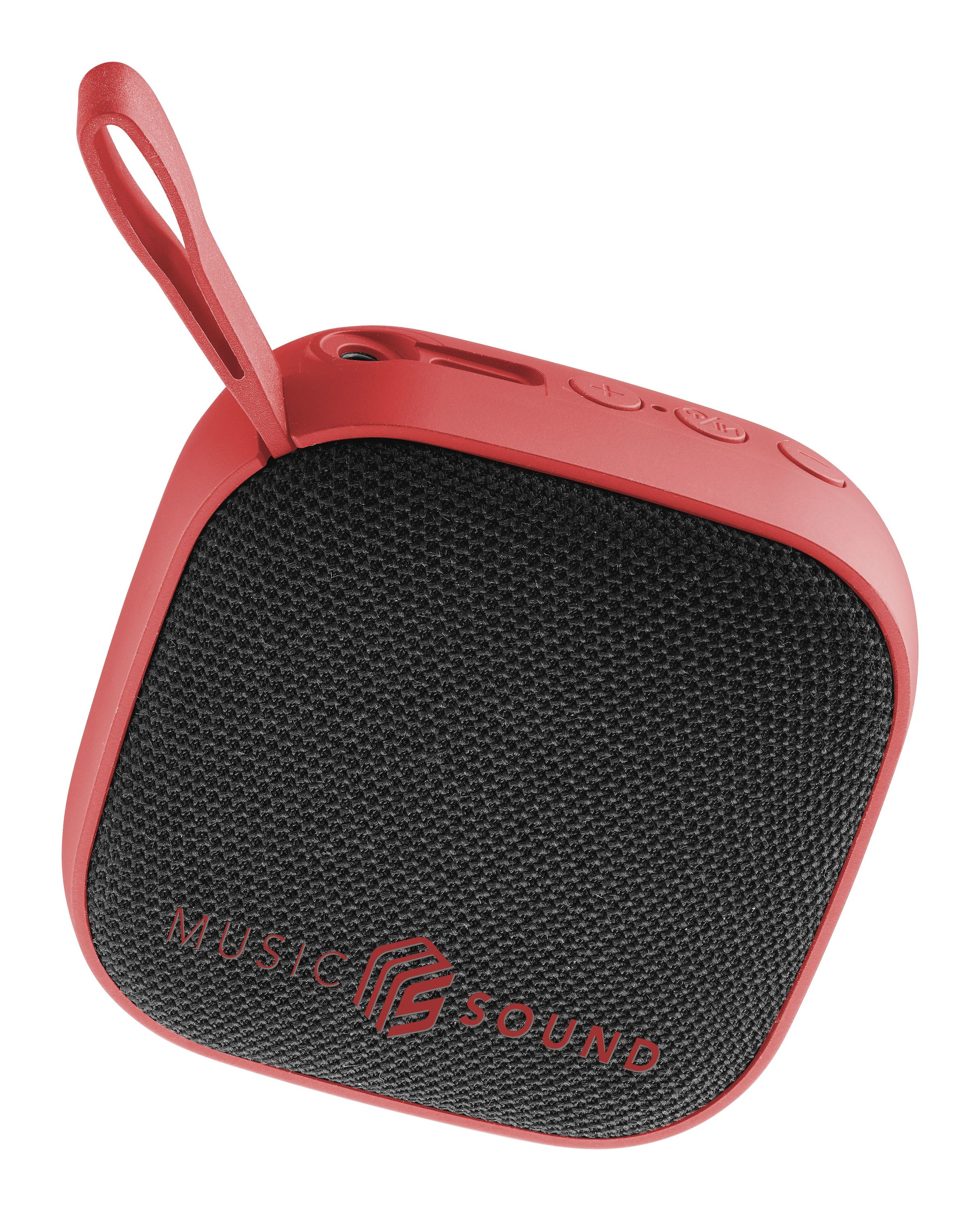 Siyah ağ, 'MUSIC SOUND' yazısı ve Bluetooth özellikli kırmızı, kare bir hoparlör.