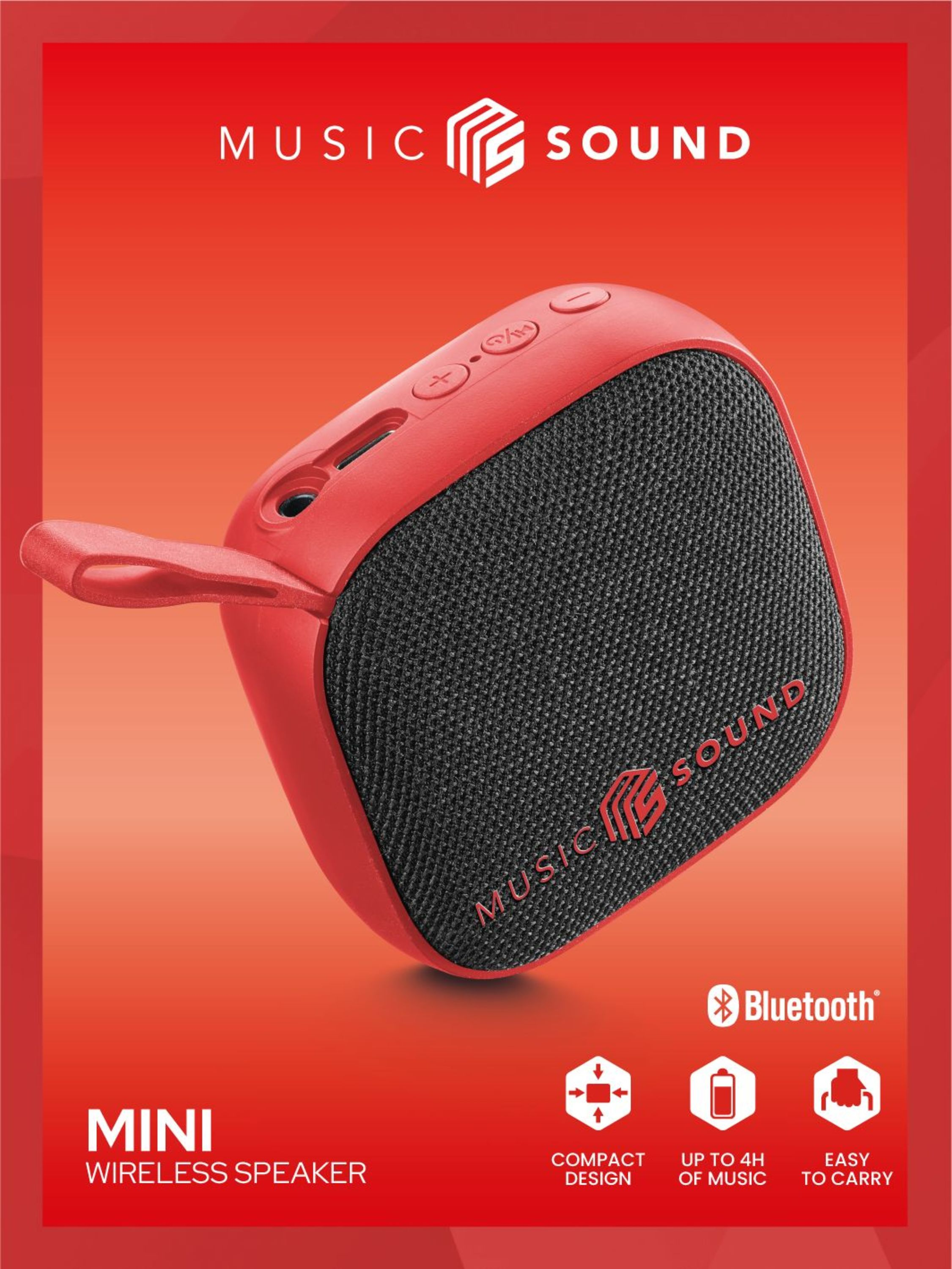 Kırmızı arka plan üzerinde siyah ağlı, Bluetooth ve özellik simgeleri olan kırmızı mini kablosuz hoparlör.