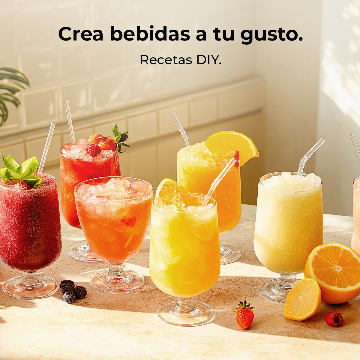 Vasos con bebidas coloridas y hielo. Se ven fresas, menta y pajitas. El fondo es brillante.