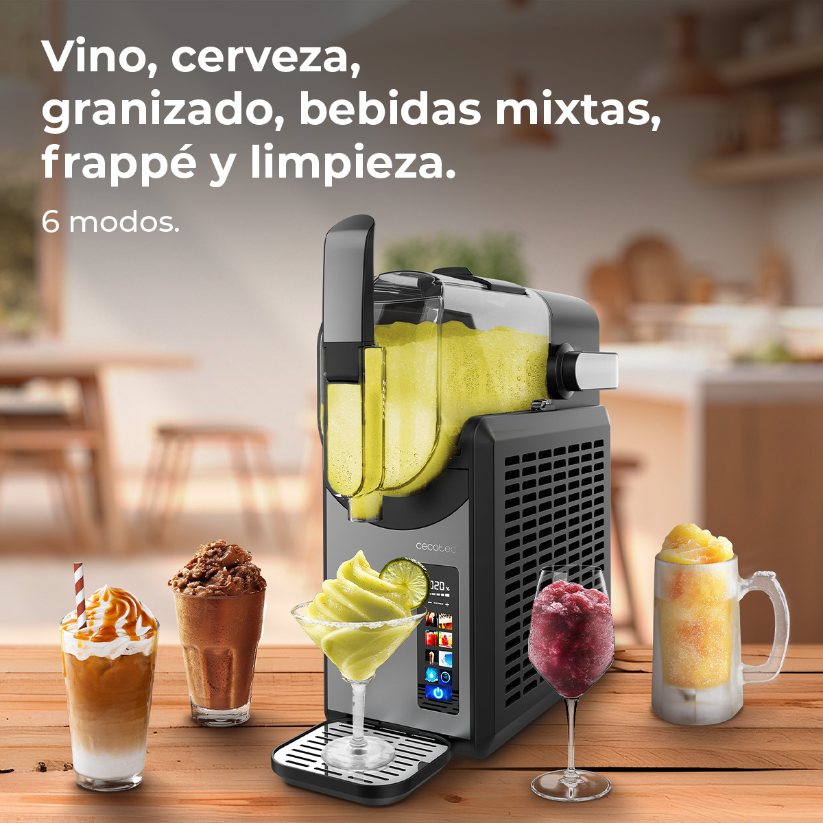 Una máquina para hacer bebidas con varias bebidas en una mesa de madera. Varios vasos.