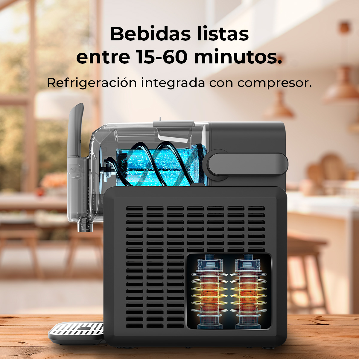 Una máquina para hacer bebidas con la parte delantera abierta. Elementos azules y rojos visibles en el interior.
