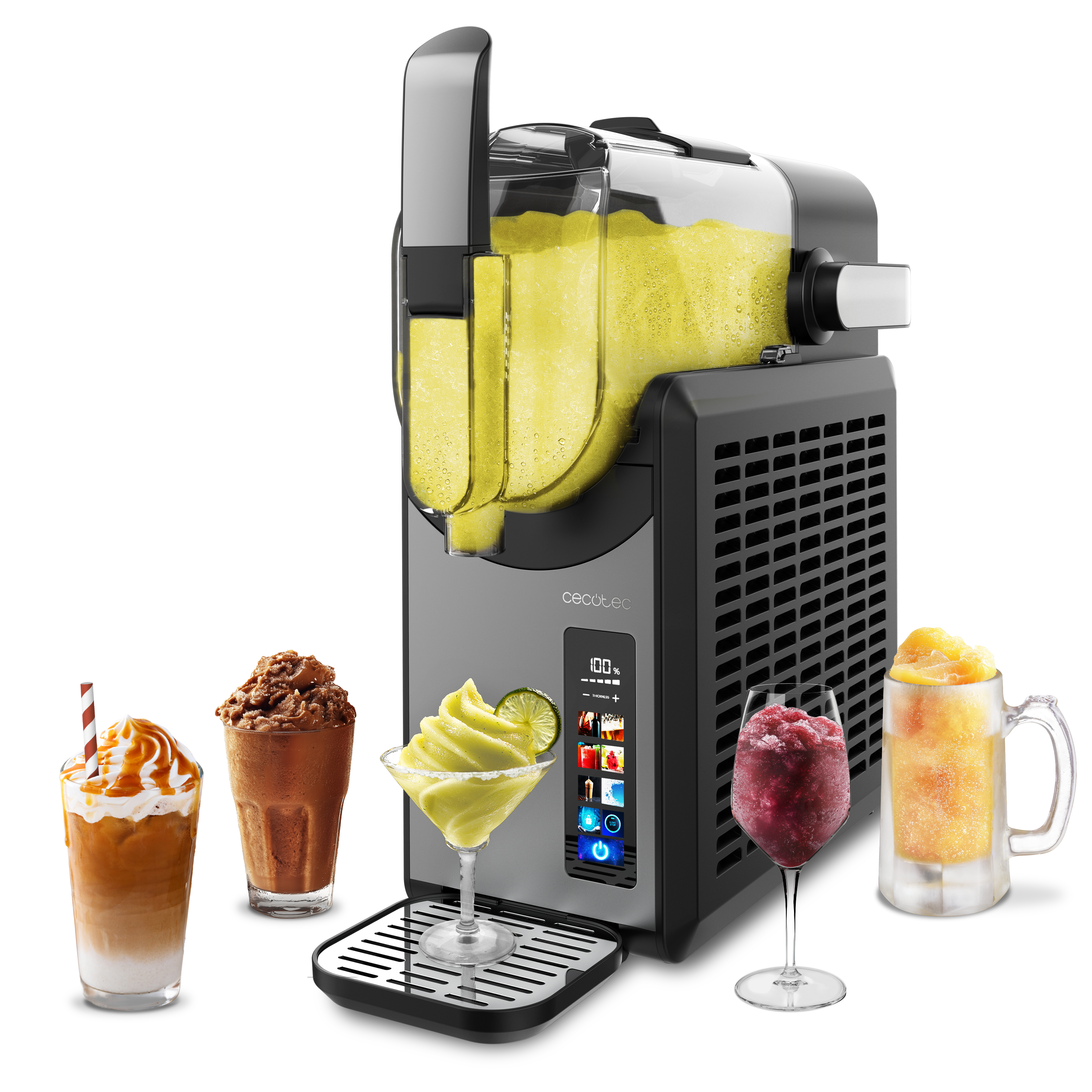 Una máquina para hacer bebidas con varias bebidas. Fondo negro.