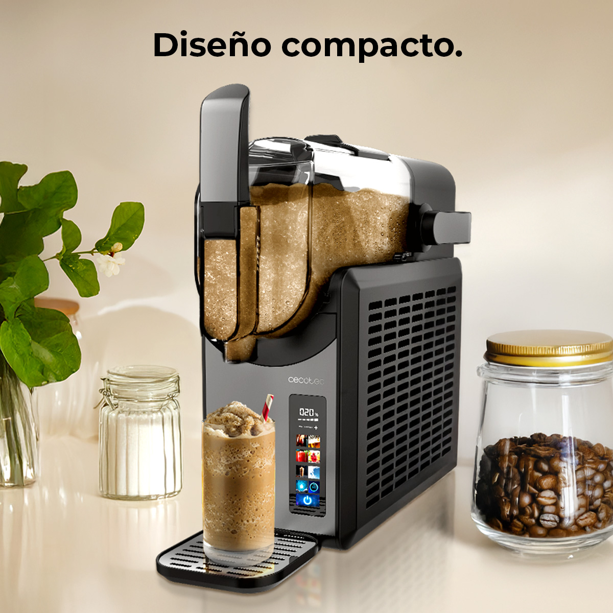 Una máquina para hacer bebidas con un vaso. Se ven granos de café y azúcar. Luz brillante.