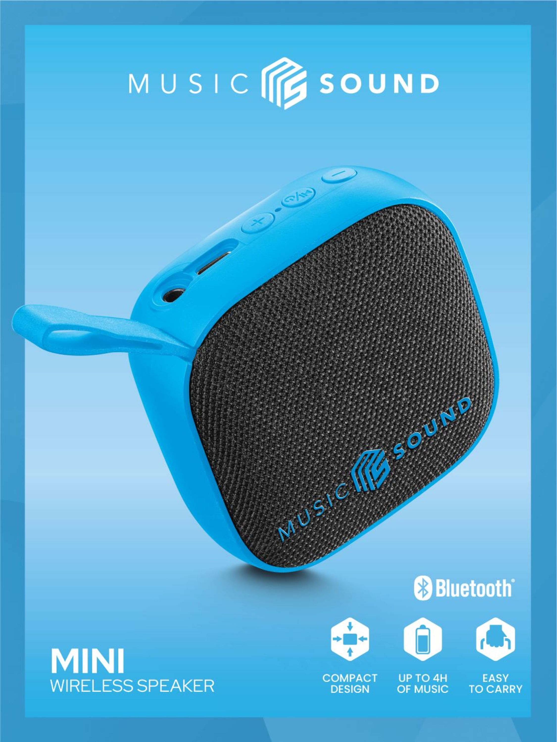 Siyah ızgaralı mavi, kare bir hoparlör. Logo ve Bluetooth sembolü görünür.