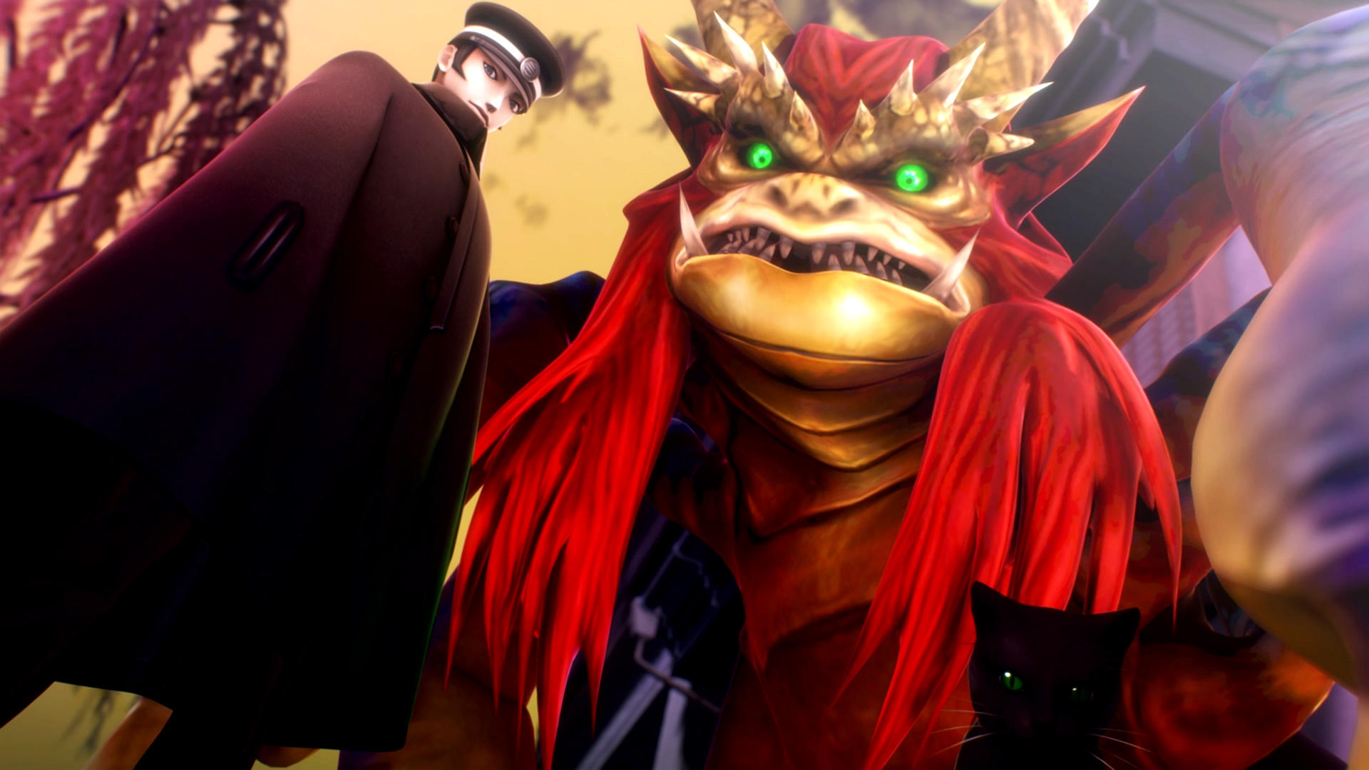 Eine Szene mit einem Mann in Uniform, einem Monster und einer schwarzen Katze.