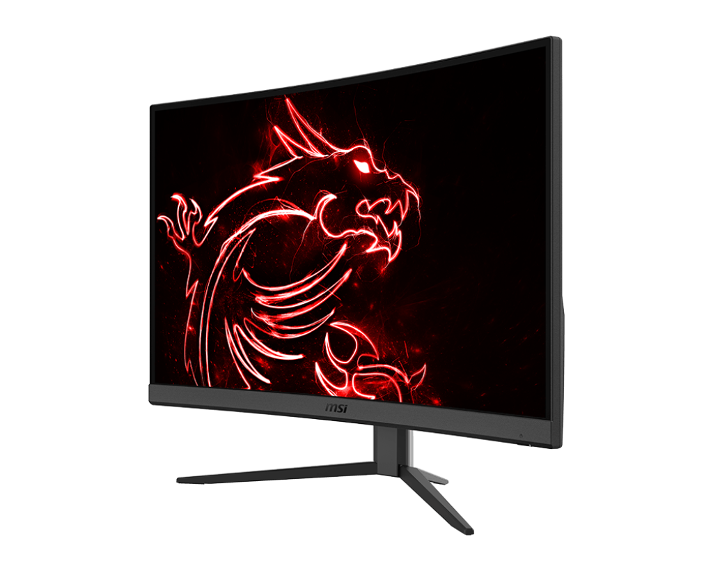 Siyah arka plan üzerinde kırmızı ejderha tasarımlı MSI monitör, yan görünüm.