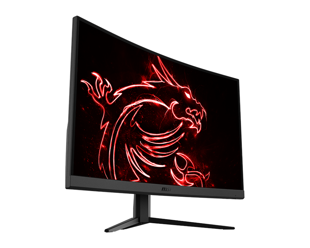 Siyah arka plan üzerinde kırmızı ejderha tasarımlı MSI monitör, yan görünüm.