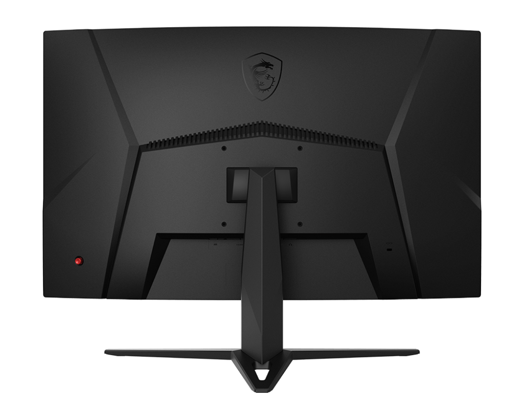 Logo ve bağlantı noktaları olan siyah bir MSI monitörün arkası.