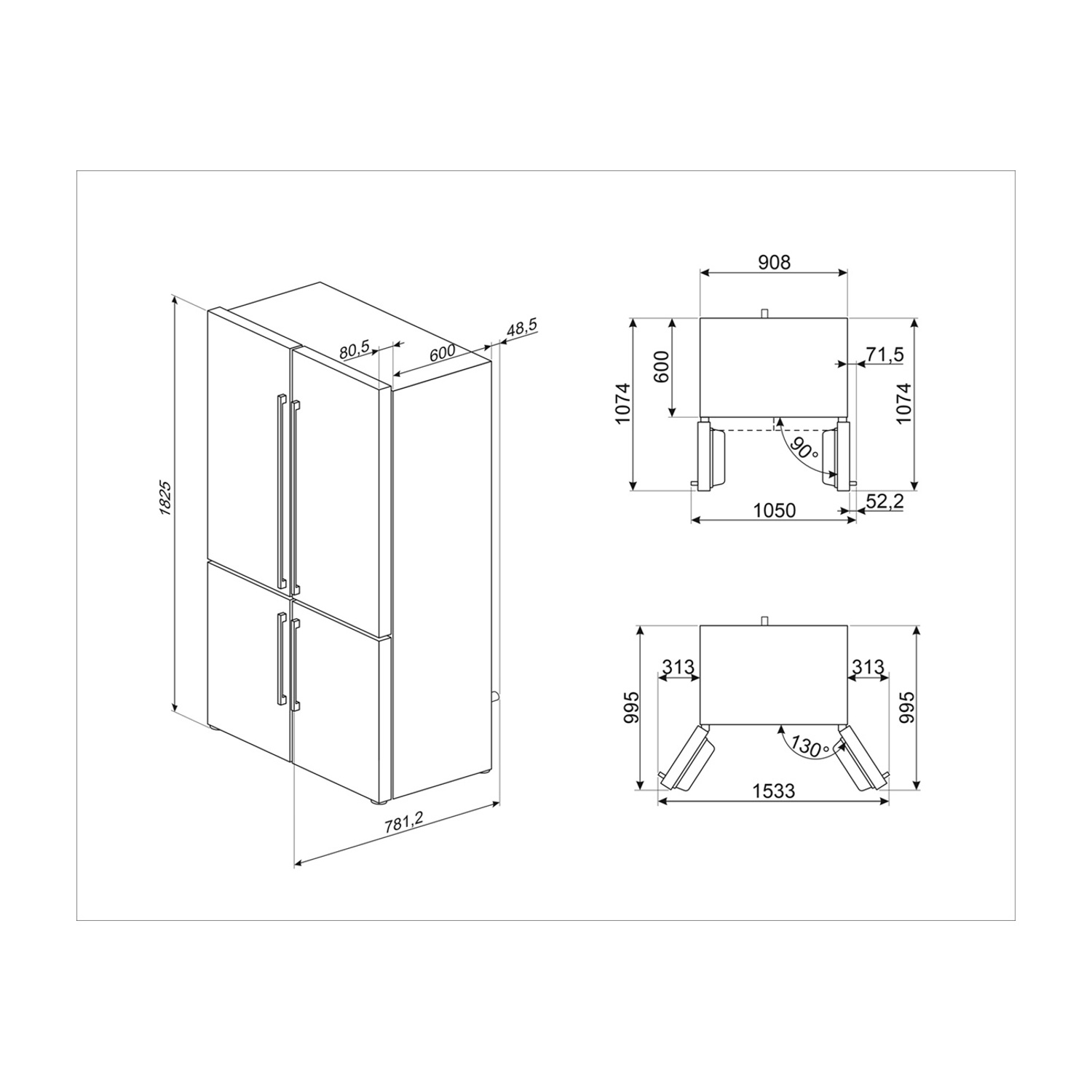 Disegno tecnico di un frigorifero con dimensioni e viste da diverse angolazioni.