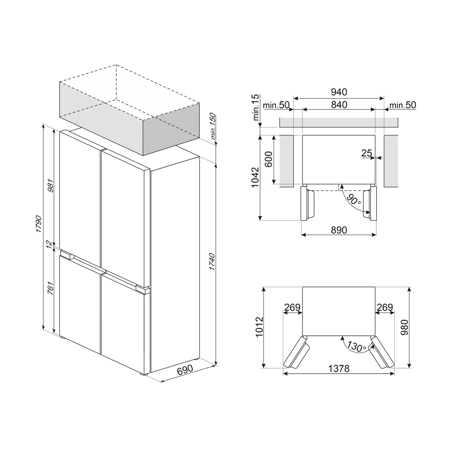 Disegno tecnico di un frigorifero con dimensioni e viste da diverse angolazioni.