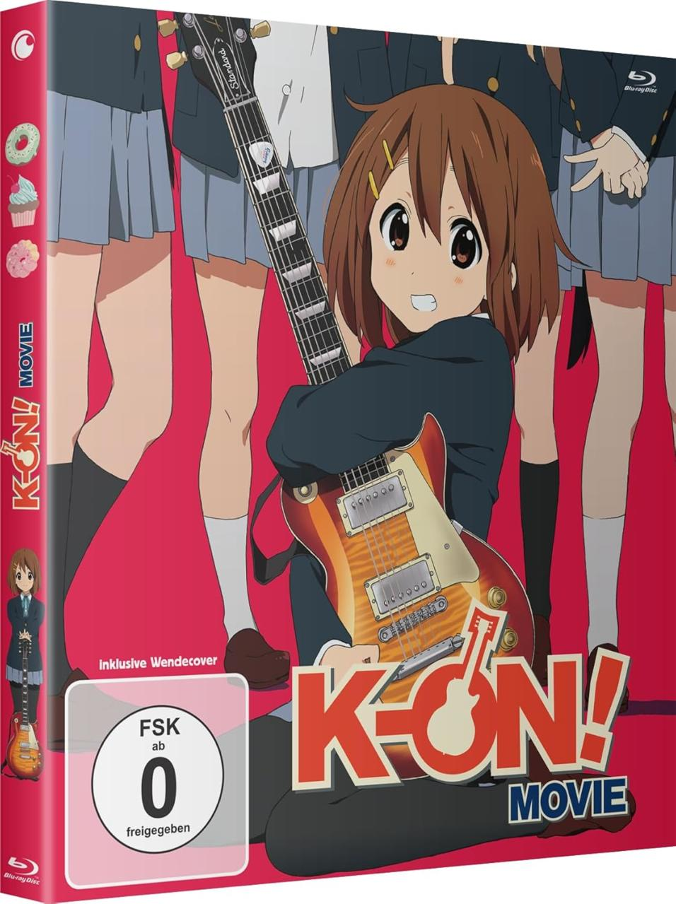 Ein Anime-DVD-Cover mit einem Mädchen, das eine Gitarre hält. Der Titel ist „K-ON! MOVIE“. Mehrere Mädchen im Hintergrund.