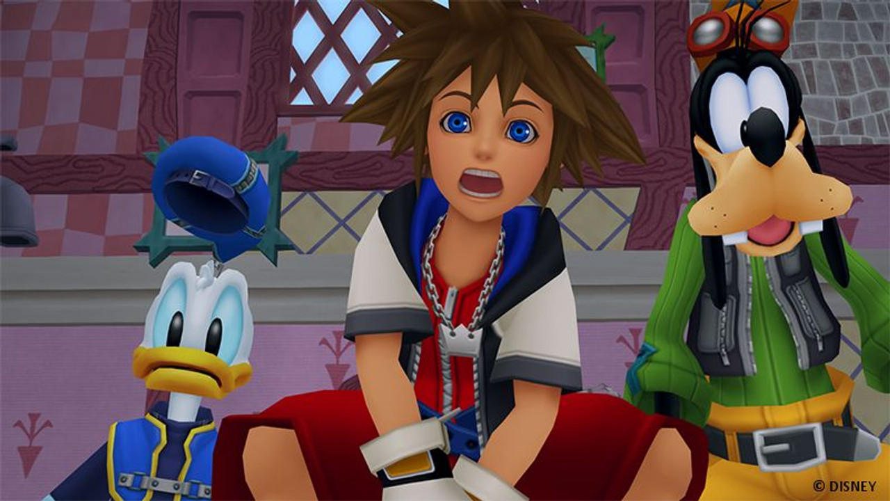 Sora schreit, Donald und Goofy schauen ihn überrascht an.