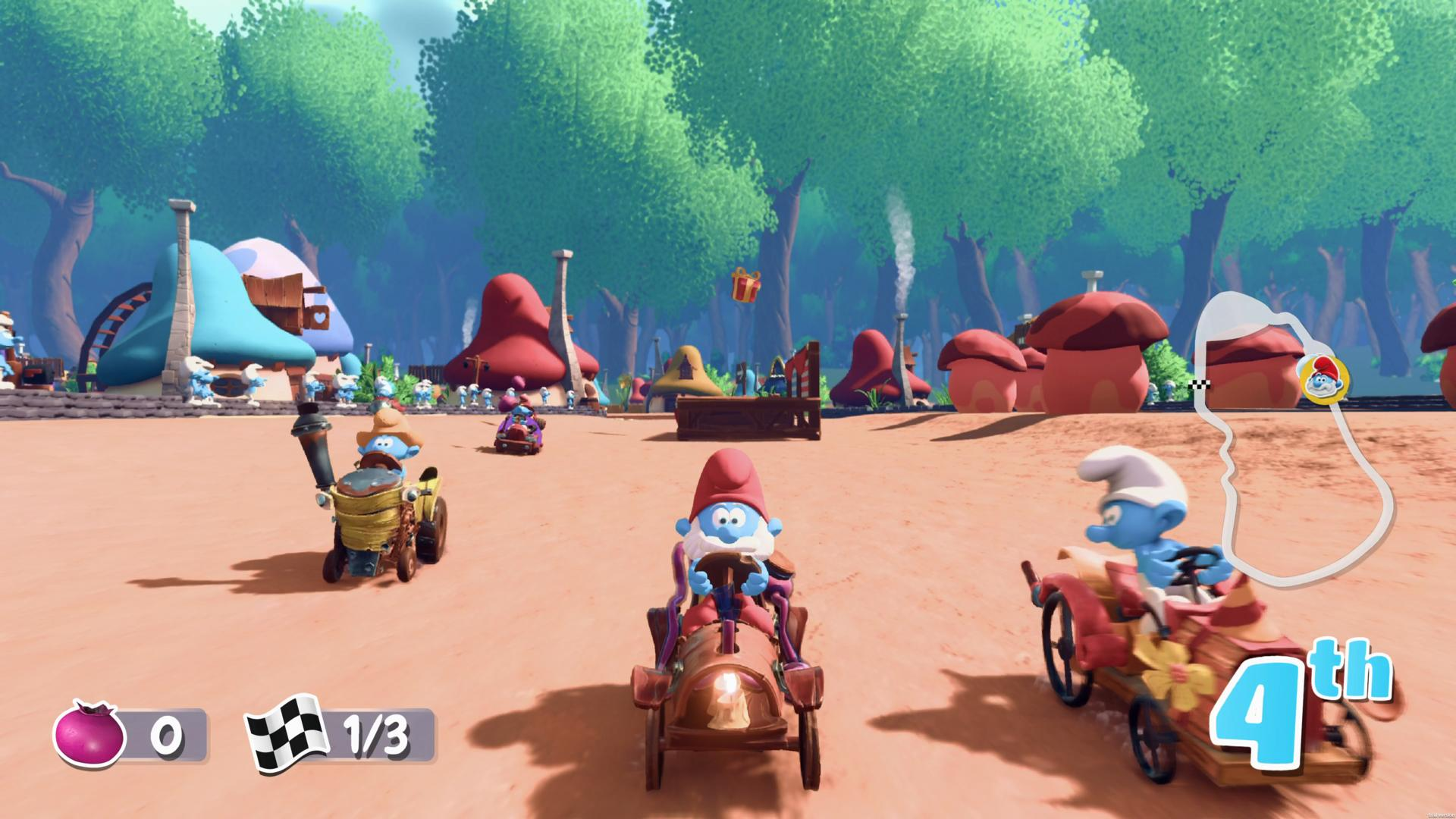 Ein Spiel mit Schlümpfen, die in Rennwagen fahren, mit einem Spielbildschirm, der die aktuelle Position und die Runden anzeigt.