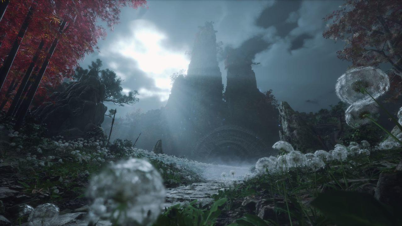 Landschaft mit einem Torbogen, umgeben von Bäumen und Blumen, ein dramatischer Himmel im Hintergrund.