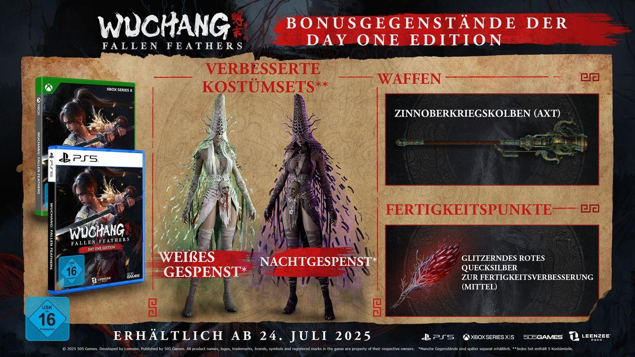 Werbebild für das Spiel "Wuchang: Fallen Feathers" mit Spielcover, Kostümsets und Waffen-Details.