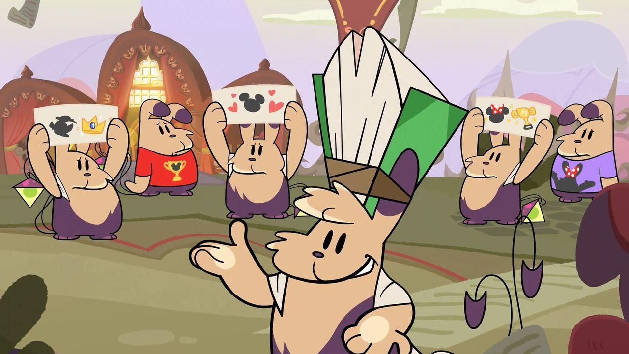 Eine Gruppe von cartoonartigen Figuren, die Schilder mit Disney-Symbolen halten, vor einer bunten Kulisse.