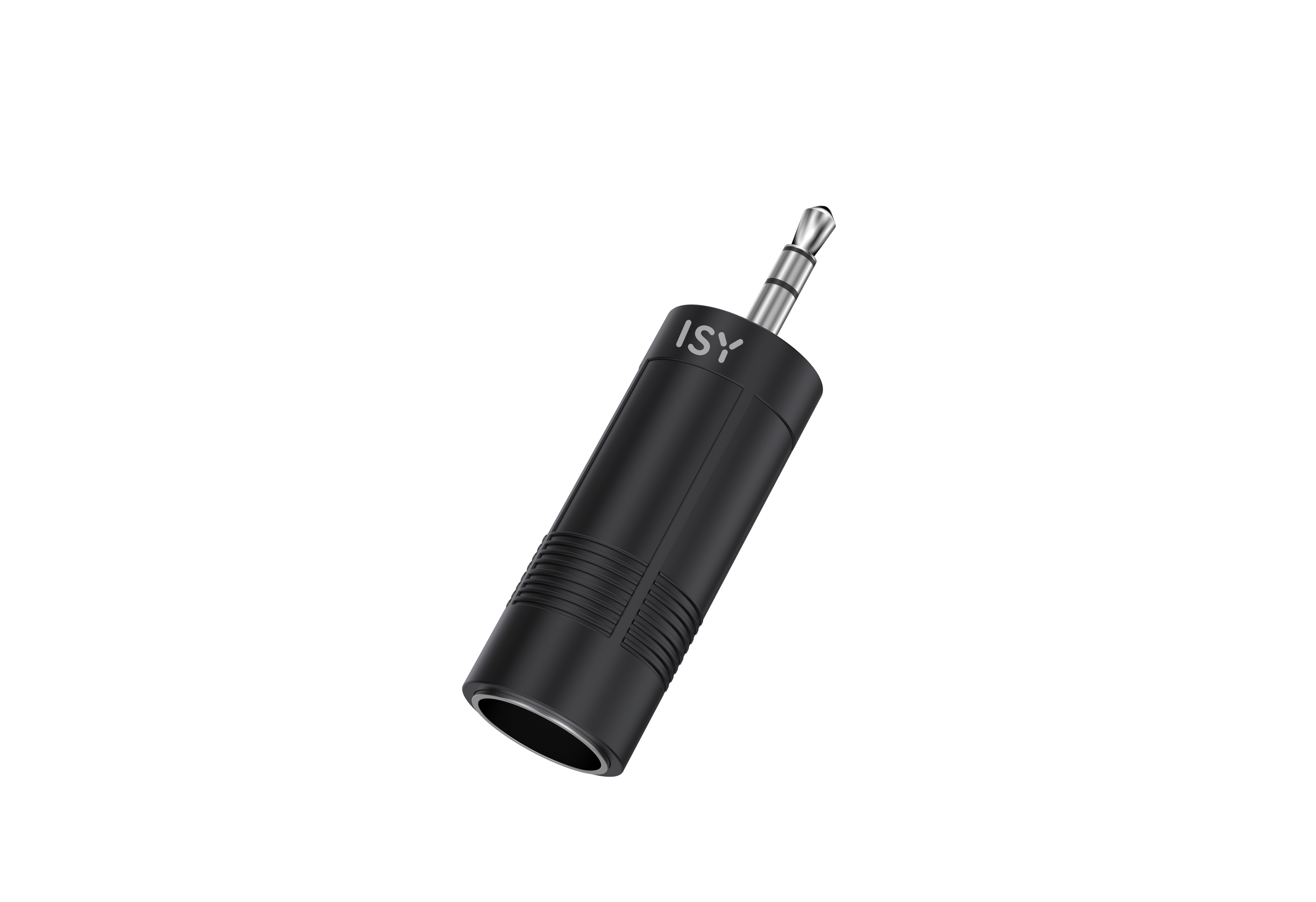 Czarny adapter jack 3,5 mm na czarnym tle, z logo ISY.
