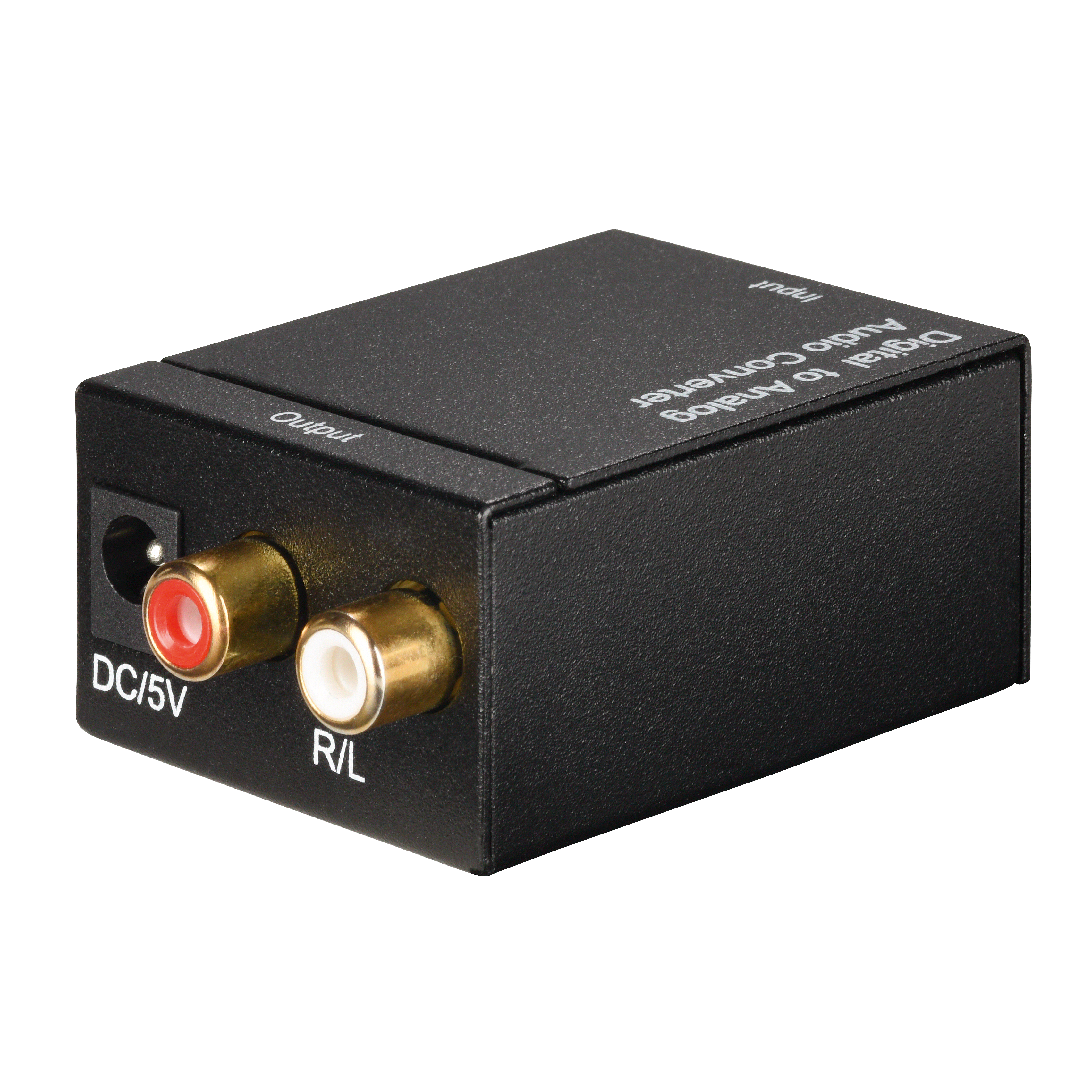 Schwarzer digitaler Audio-zu-Analog-Konverter mit Anschlüssen und Beschriftung.